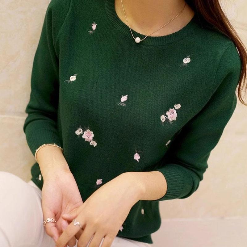 Modischer und eleganter Damen-Unterziehpullover mit Pflaumenblütenstickerei und Rundhalsausschnitt, warmer Damen-Pullover mit langen Ärmeln für Herbst und Winter