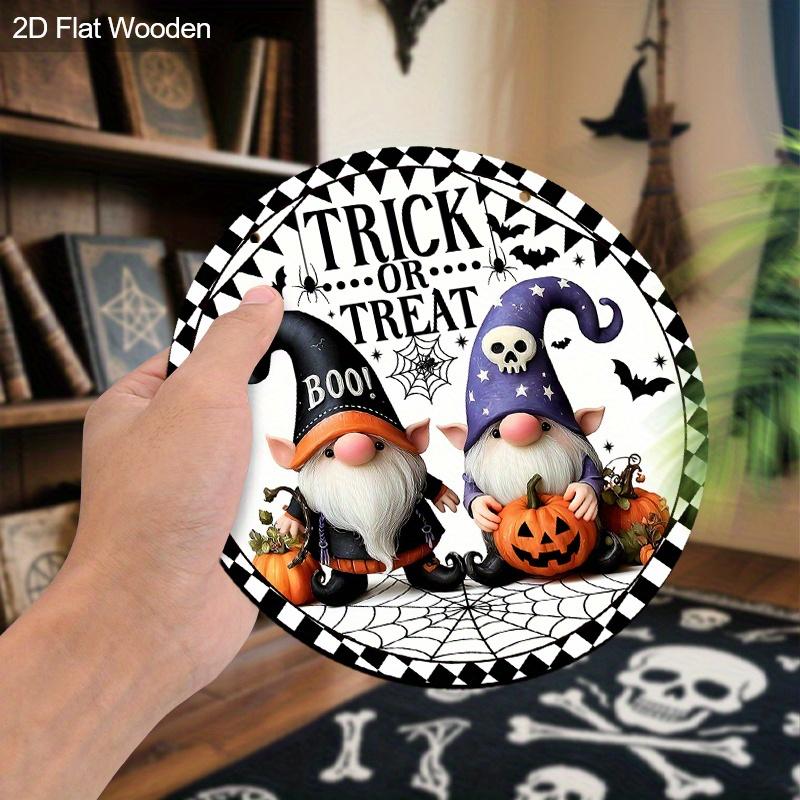 Cartoon Style Wooden Halloween Sign with Adorable Gnomes Pattern - Trick or Treat Figurine Ornaments - Ideal for Front Door, Wall, Room Decor