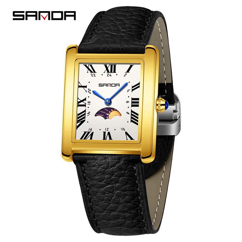 Sanda Elegant Ladies' Square Alloy Waterproof Quartz Watch with Roman Numerals and Moon Phase.