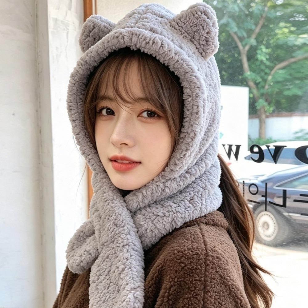 Winter Bear Ear Hooded Scarf Warm Neck Warmer Hat Cute Integrated Cap Scarf for Women