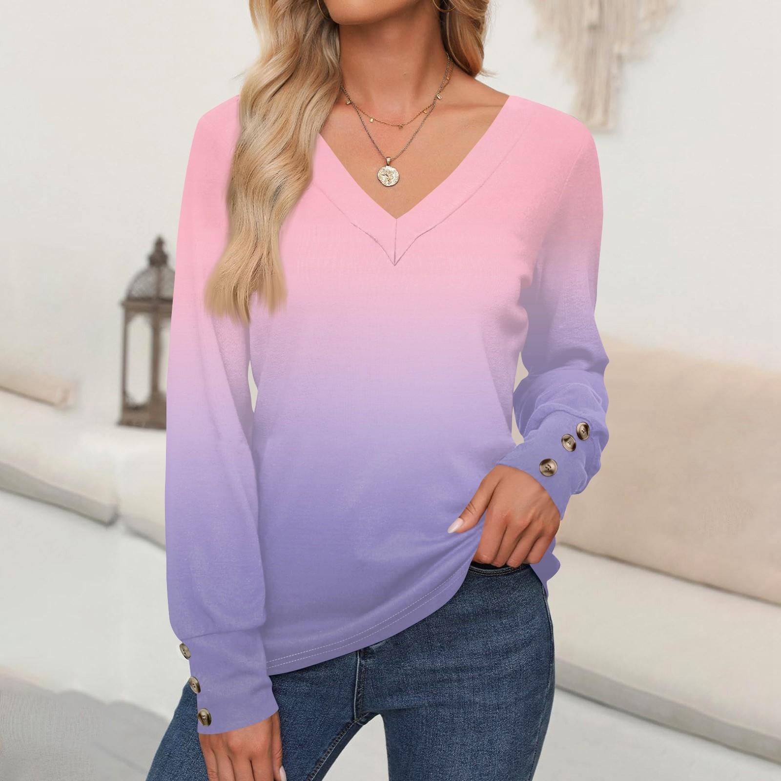 

Женские топы с градиентным принтом, рубашка с длинным рукавом, V-образный вырез, повседневная свободная футболка, осенняя одежда XXL