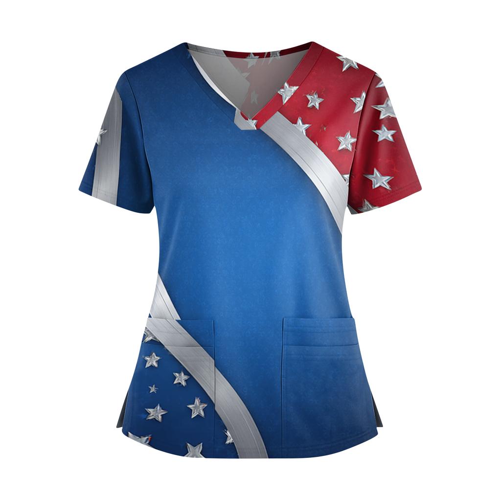 Women's Independence Day Print V-Neck Double Pocket Short Sleeve Uniform with Slit Hem - Caregiver Top