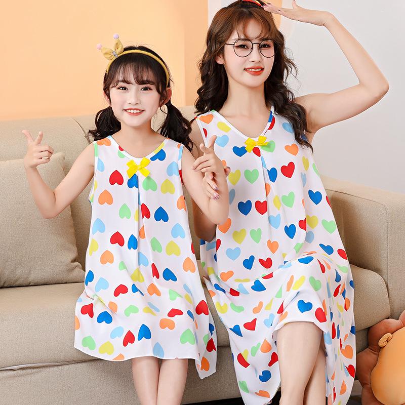 Cămașă de noapte de vară din bumbac fără mâneci pentru fete - Pijamale asortate mamă-fiică