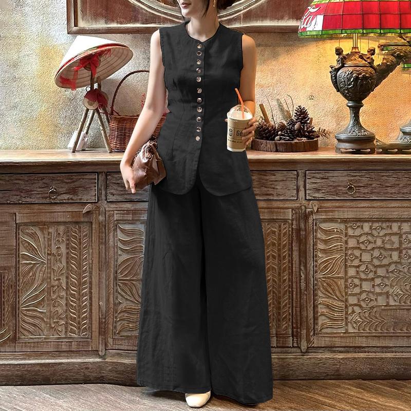 ZANZEA Lässiger Zweiteiler für Damen, ärmelloses Westentop und Hose mit weitem Bein