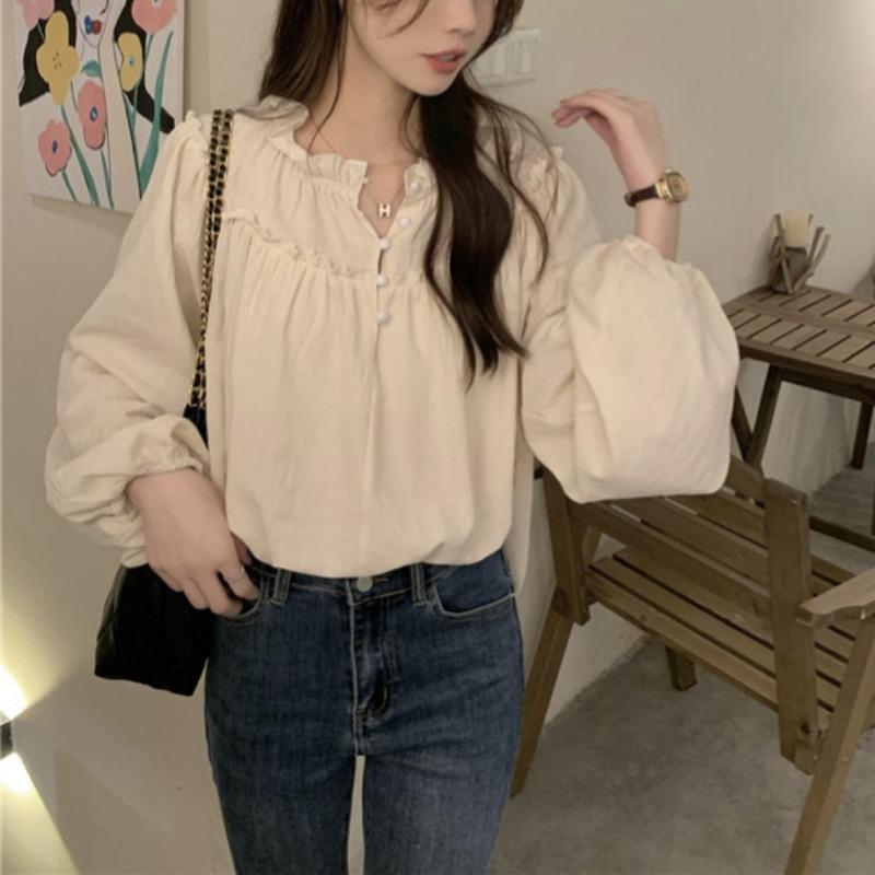 Korean Fashion Spliced Ruffles Shirt French Style Retro Blouse for Women Puff Sleeve Sweet Ladies Casual Loose Elegant Chic Design Shirts Tops