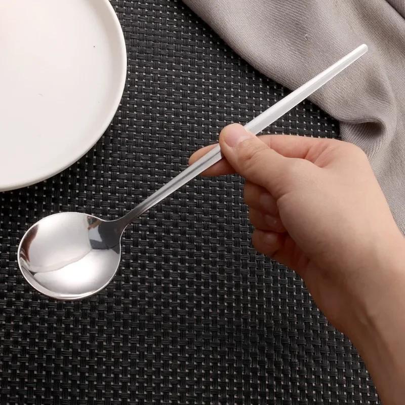 1/3Pcs Stainless Steel Spoon Thicken Long Handle Soup Spoons Round Scoops Ice Cream Dessert Coffee Drinking Kitchen Tableware