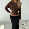 Damen Ein Schulter Spitze Patchwork Top - Sexy Slim Fit Schulterfrei Langarm Einfarbiges Hemd