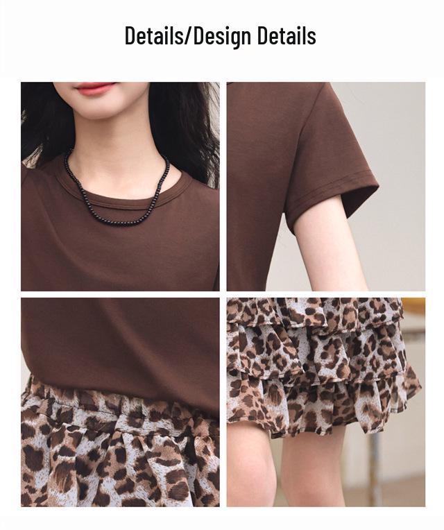 2026 Girls' Leopard Print Two-Piece Set: Short-Sleeved Top & Pleated Skirt