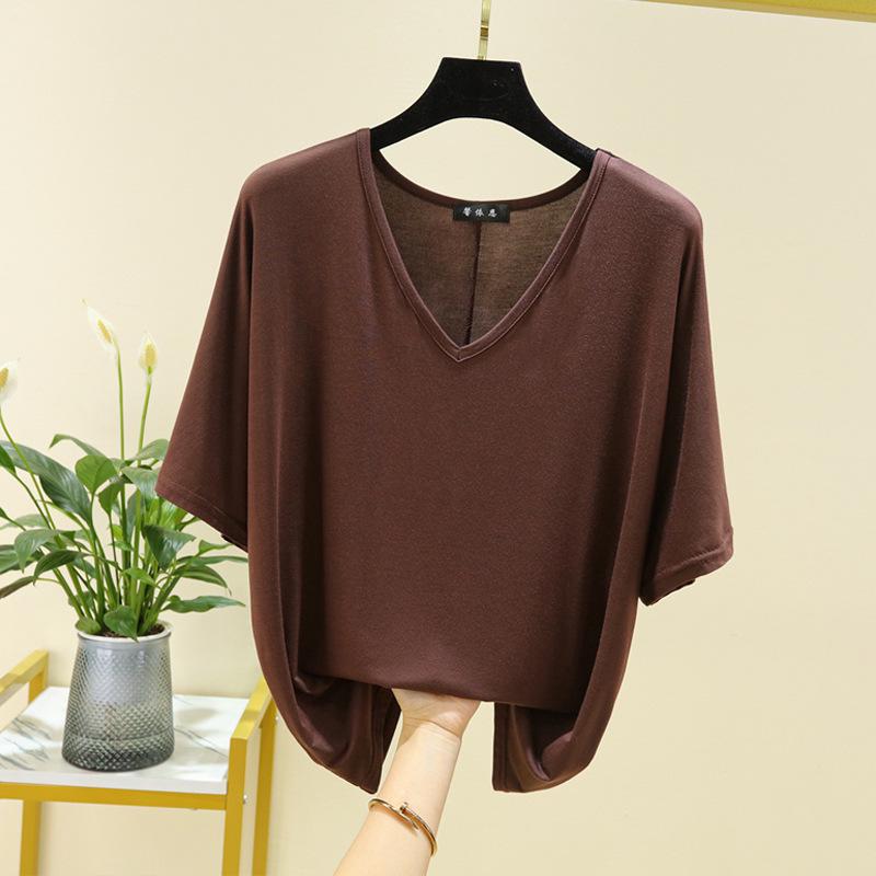 

Женская модальная блузка с V-образным вырезом и коротким рукавом на лето - Модная, свободная, универсальная блузка Extra Large