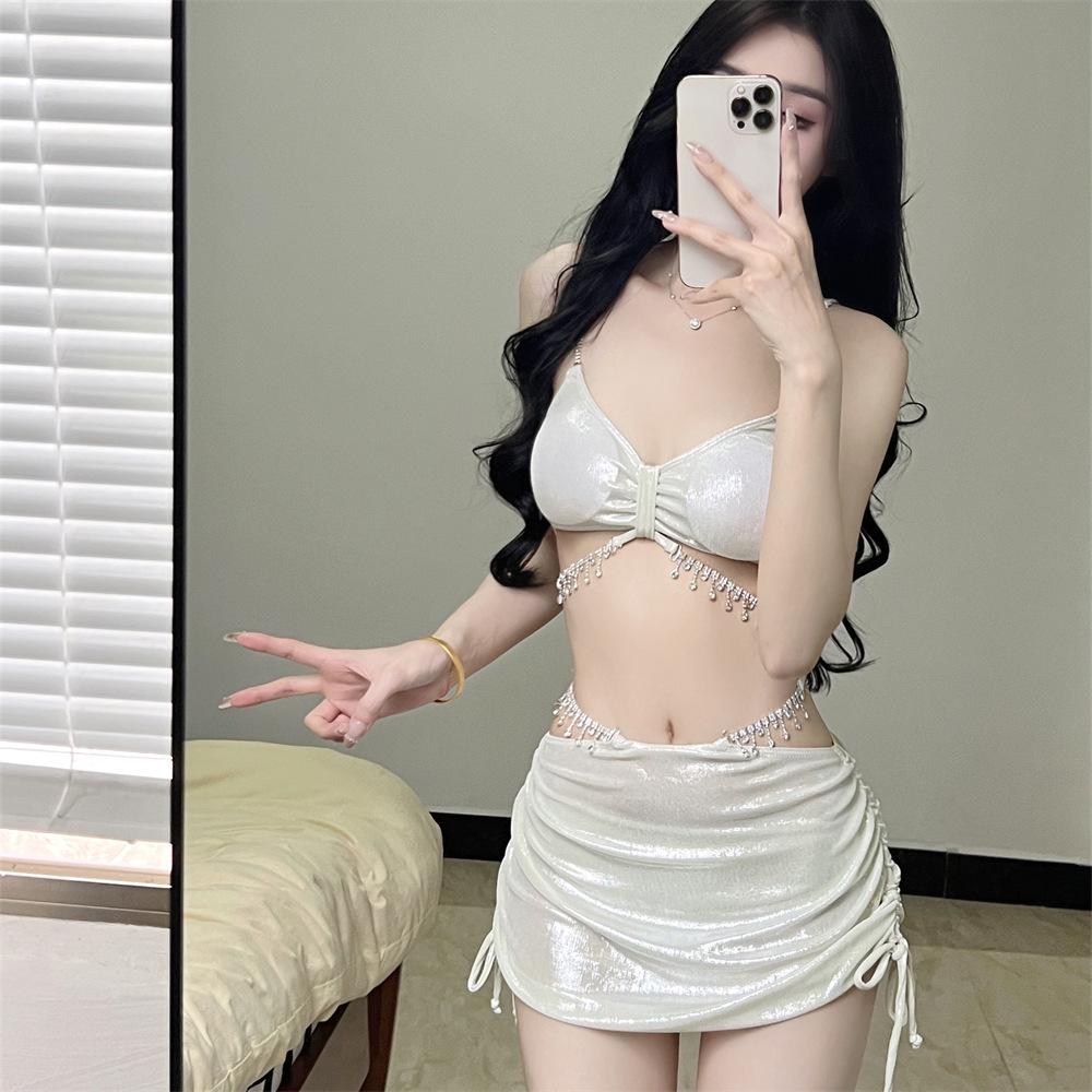 

Блестящий девчачий высококлассный белый комплект бикини из 3 предметов – раздельный купальник, закрывающий живот Large белый