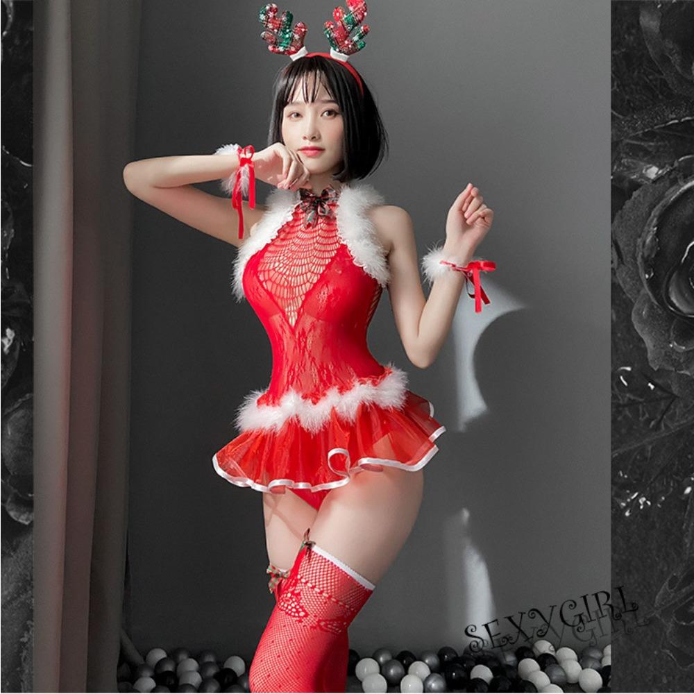 New Year's Red New Sexy Lingerie Uniform Temptation Christmas Elk Plush Sexy One-Piece Net Suit