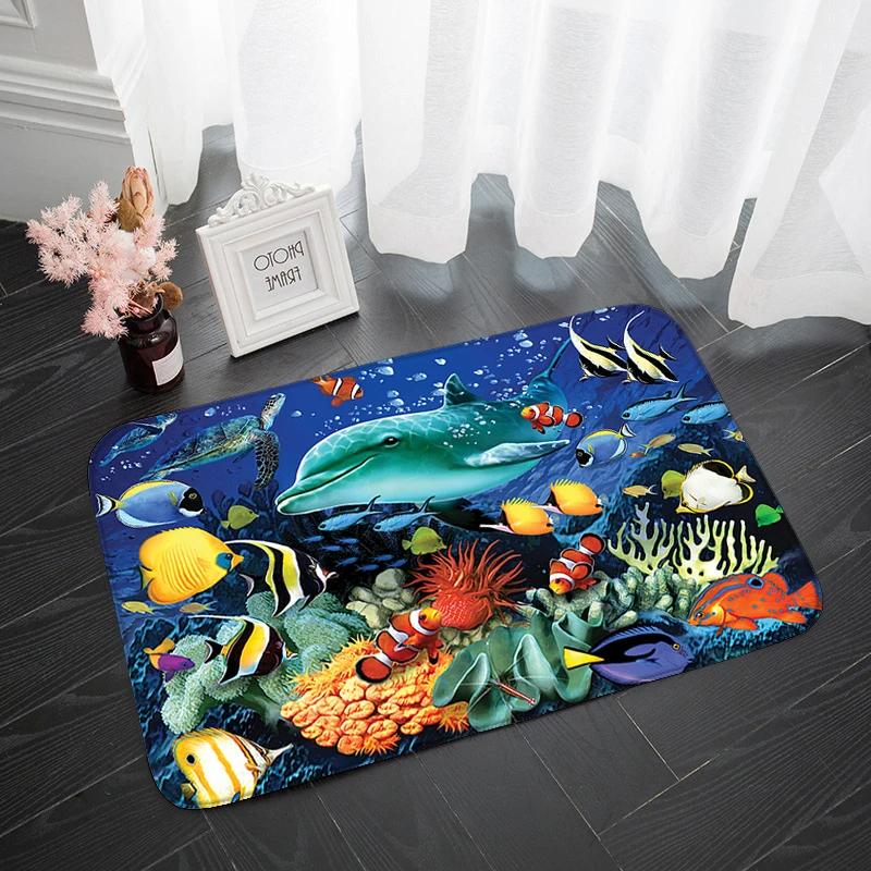 Modern Area Rug Kitchen Mat Anti-slip Underwater World Dolphin Absorbent Bath Mat 3D Print Long Bedroom Entrance Doormat Tapis