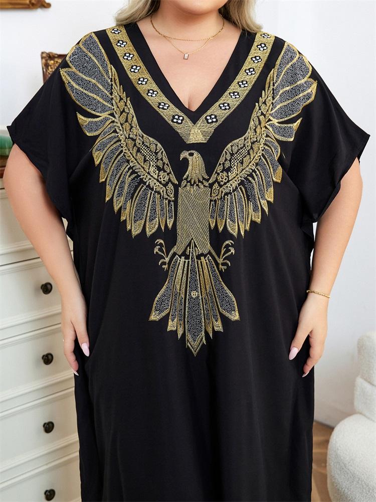 EDOLYNSA Vintage V-neck Gold Eagle Embroidery Plus Size Black Kaftan Robe Women's Long Dress Summer Holiday Beachwear Swimsuit Coverup Q1682