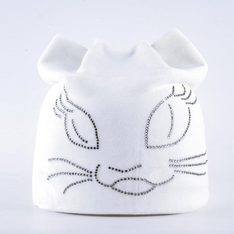 

Зимние шапки-бини для женщин, вырезанная шапка со стразами, шапка с рисунком кошки, бархатная шапка с ушками для девочек 55-58cm белый