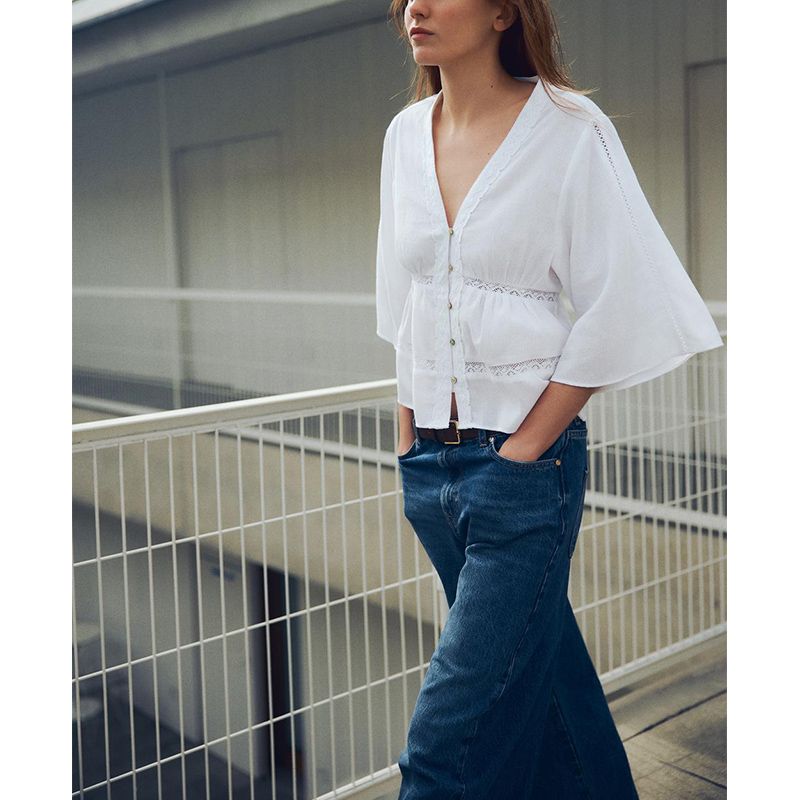Summer New Style White Flared Sleeve Cardigan French Loose Vertical Lace V-neck Shirt 8372037