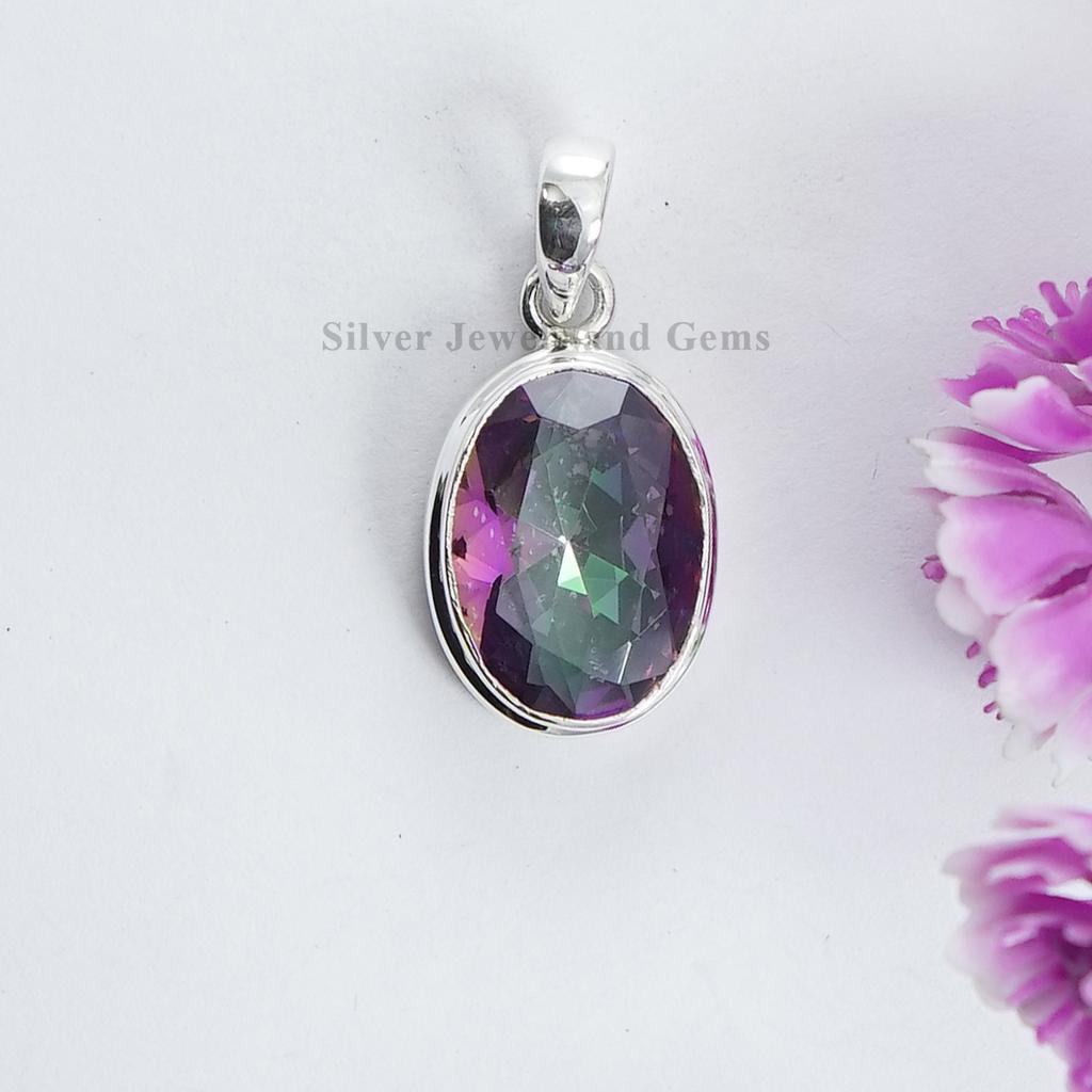 Mystic Topaz Pendant, 925 Sterling Silver Handmade Pendant, Gemstone Pendant, Gift for Sister, Oval Topaz Pendant