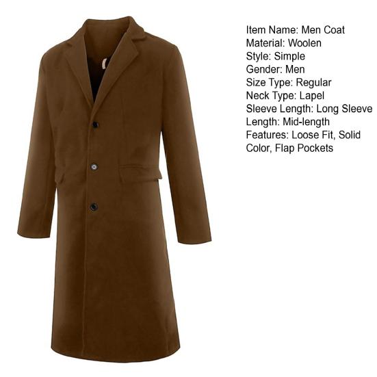 Men Woolen Coat Lapel Long Sleeve Buttons Placket Mid-length Coat Solid Color Retro Style Windbreaker