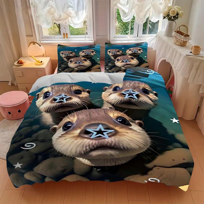 3-teiliges Anime-Otter-Selfie-Bettwäsche-Set - Enthält einen Bettbezug und zwei Kissenbezüge (Kein Kern) - Polyesterstoff, Perfekt für Schlafzimmer und Gäste