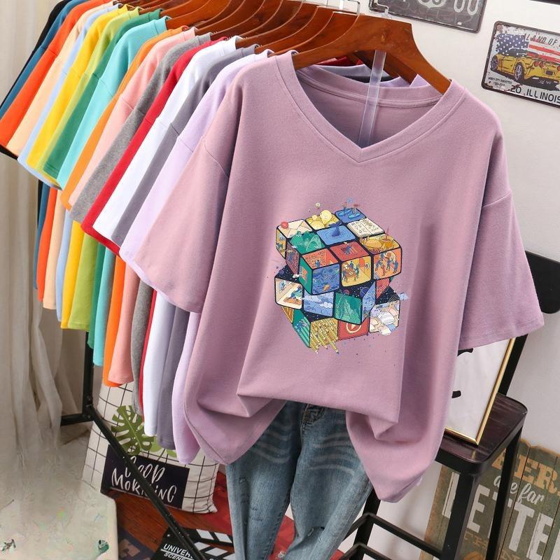Short-sleeved T-shirt for Women, Large Size, Loose and Slimming, Printed V-neck Top