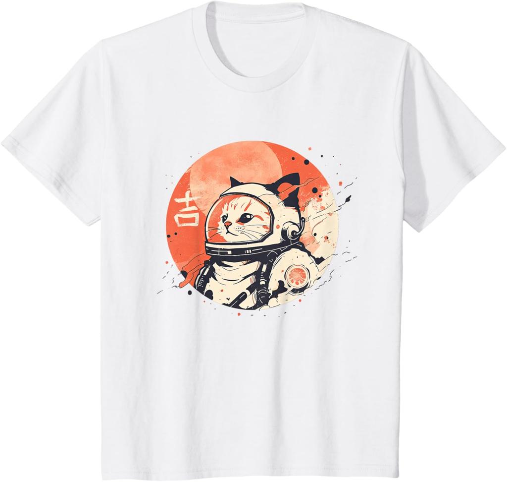 Japanese Minimalist 1950s Retro Space Cat Good Luck Kanji TShirt