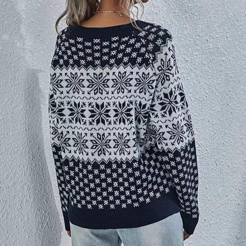 IHUASU Women's Snowflake Knit Loose Christmas Long Sleeve Pullover O-Neck Knitted Sweater