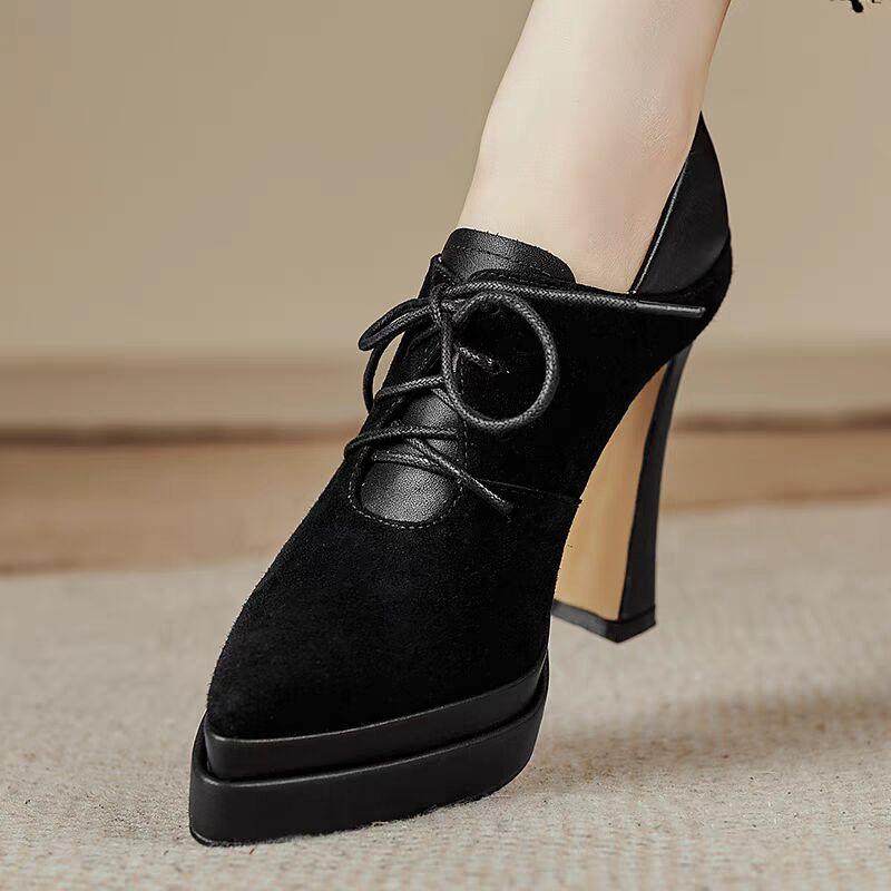 Kvinners spisse plattformsko i semsket skinn med høye hæler Moteselskapsko Kvinne Høst 2025 Trend Elegante kontorpumps Zapatos Mujer