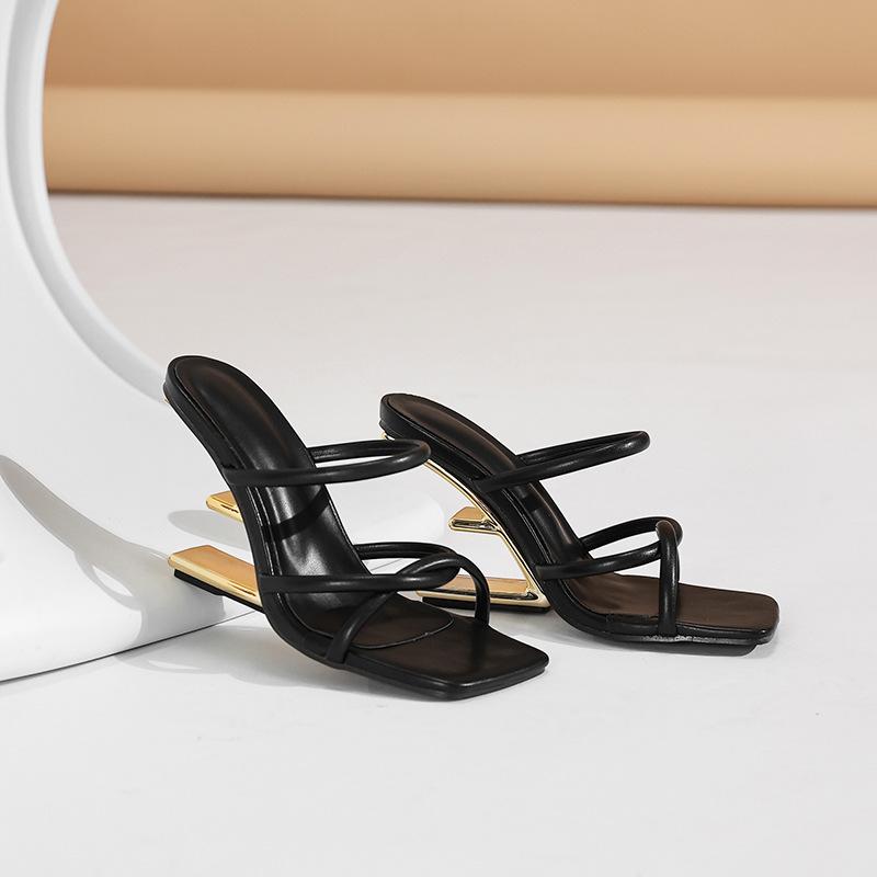 Fashion Golden Black Hollow Out Narrow Band Womens Slippers Design Style Fretwork High Heels Banquet Party Summer Womens Shoes