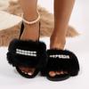 Autumn Winter Open Toe Fluffy Fur Slippers Women Pearls Decor Non Slip Plush Home Slides Woman Comfort Soft Sole Furry Slippers