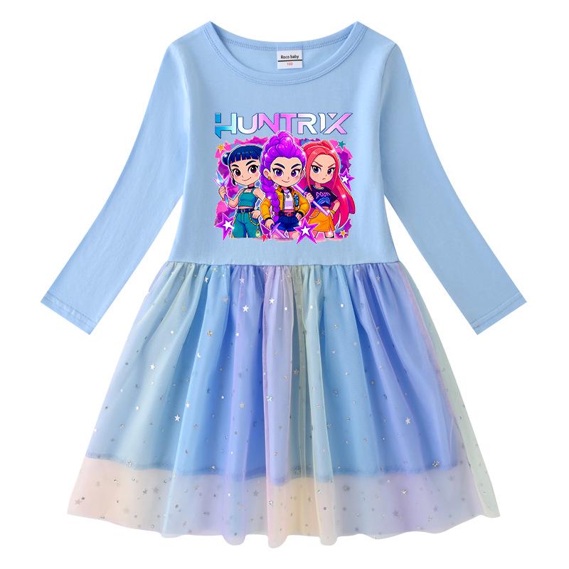Girls' Kpop Rainbow Sequin Mesh Dress - Long Sleeve, Perfect for Spring & Autumn