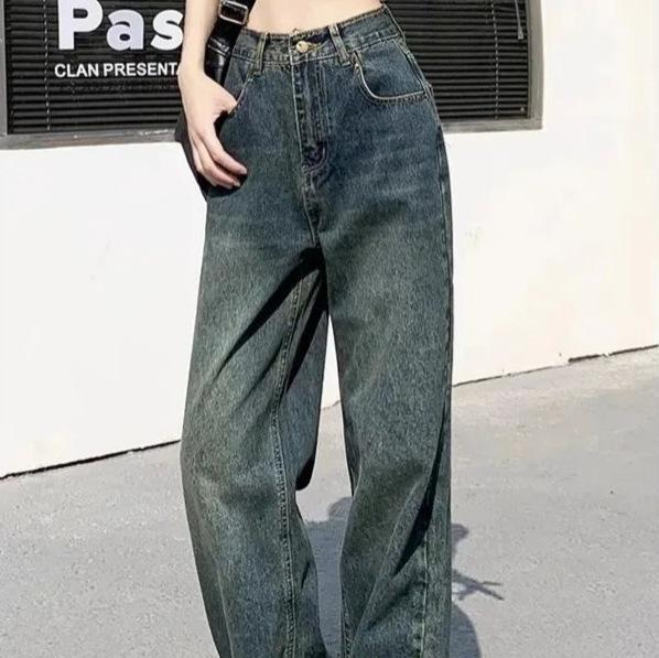 Summer pocket ripped design mopping pants loose Hong Kong style trousers jeans women's nostalgic blue tide ins