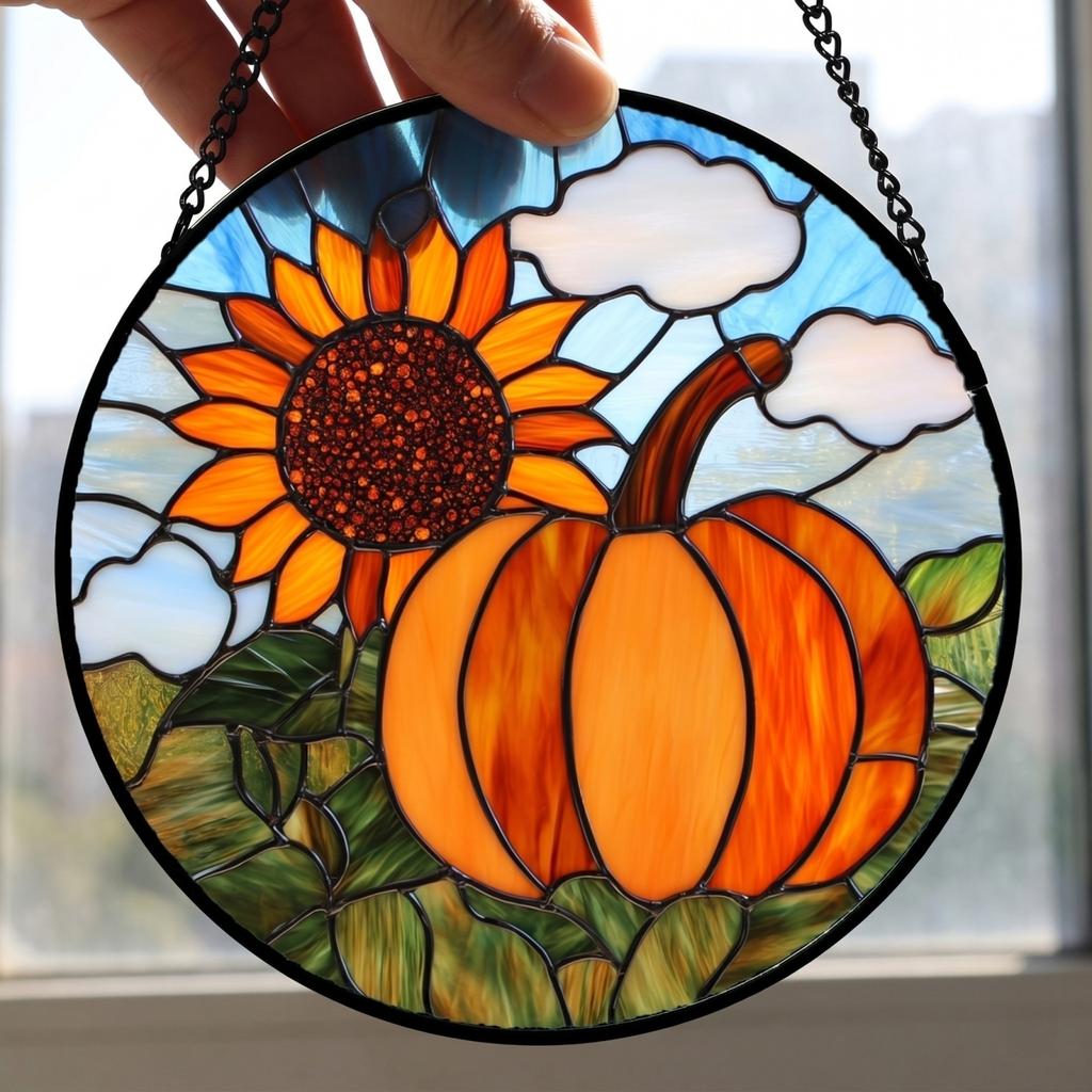 Rond Acryl Hangend Ornament Stained Glass Stijl Pompoen Zonnebloem Ontwerp Raamdecoratie met Metalen Ketting voor Binnen Buiten Gebruik