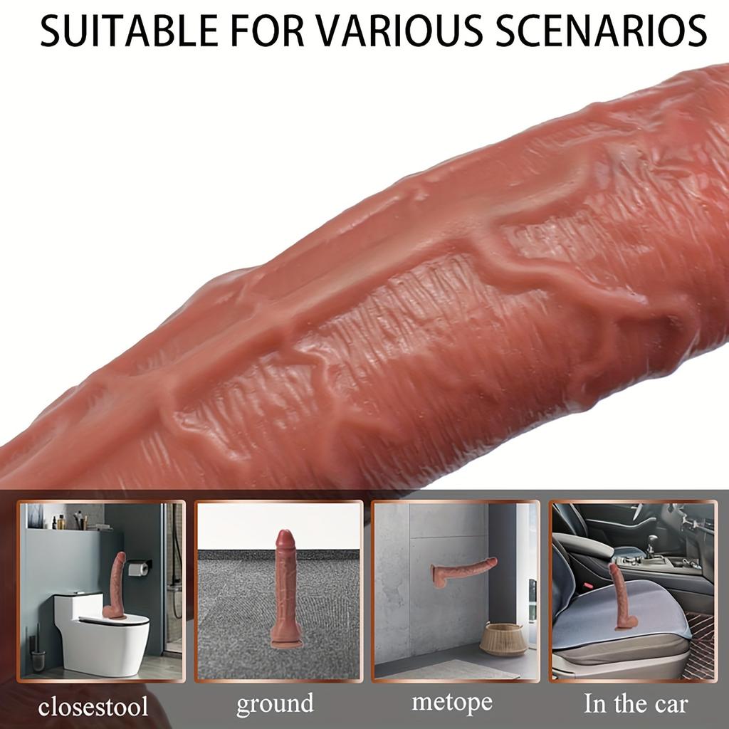 8.66-Inch Realistic Dildo, 1.96-Inch Thick Curved Penis with Strong Suction Cup, Hands-Free Brown Silicone Adult Toy for Women, Men & Couples