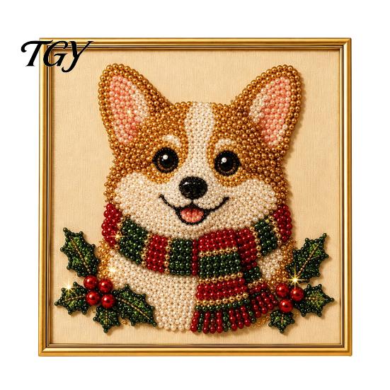 Christmas Themed DIY Projects Faux Pearl Art Kit, Xmas Hat Cat Dog Painting Holiday Home Decor Ornaments 3D Puppy Bead Craft Kit for Adults,