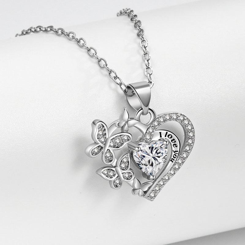Ladies Elegant Rhinestone Butterfly Love Heart Pendant Necklaces