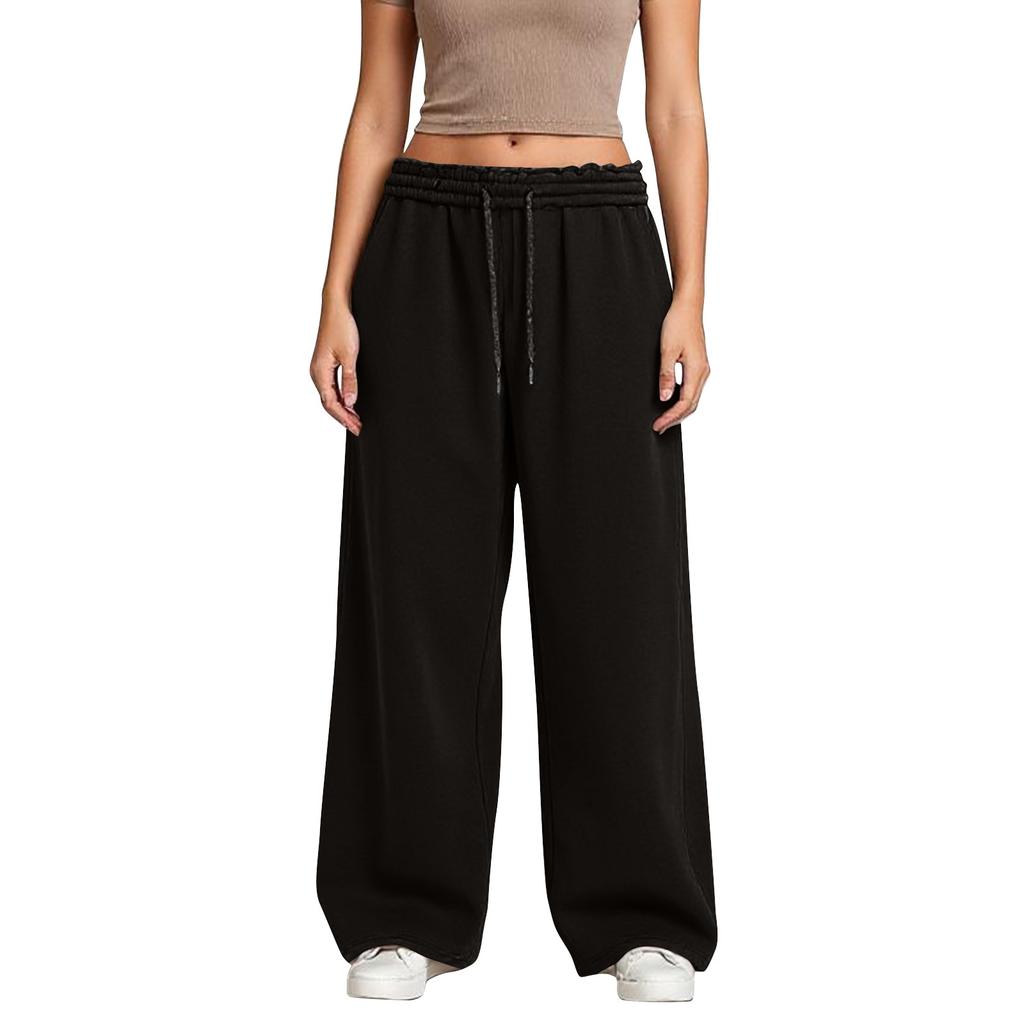 Dámské vlněné tepláky se širokými nohavicemi Zimní teplé sportovní kalhoty rovného střihu s kapsami