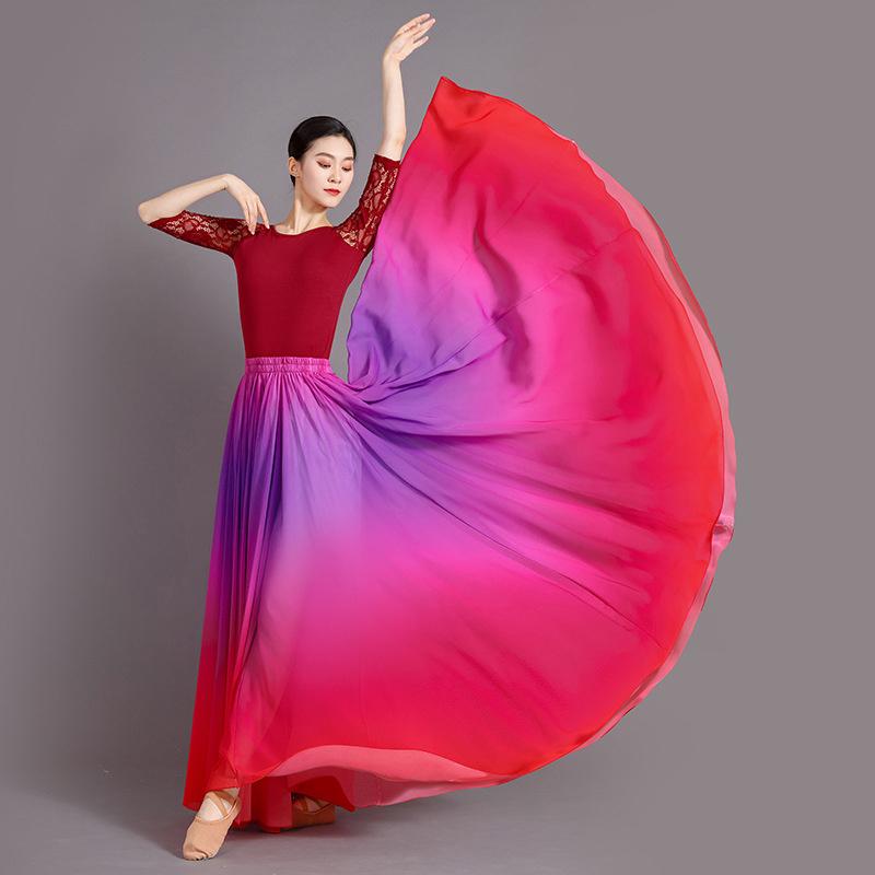 720 Grad Farbverlauf Tanzrock Eleganz Klassischer Tanz Damen Square Dancing Auftritt Maxiröcke Elastischer Bund Großer Saum Chiffon A-Linienröcke