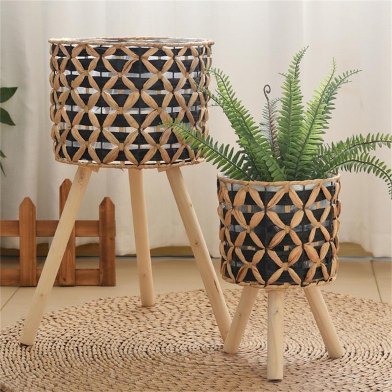 Wood Legged Gourd Grass Plant Stand for Indoor Outdoor Display Hand Woven Planter Basket Flower Pots Storage Container
