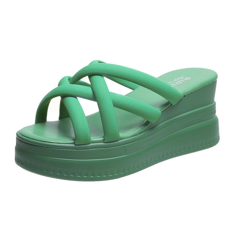 

Wedge heel slippers women s European and American style summer new cross belt muffin bottom one word fish mouth high heel slippers women s 39 зелений