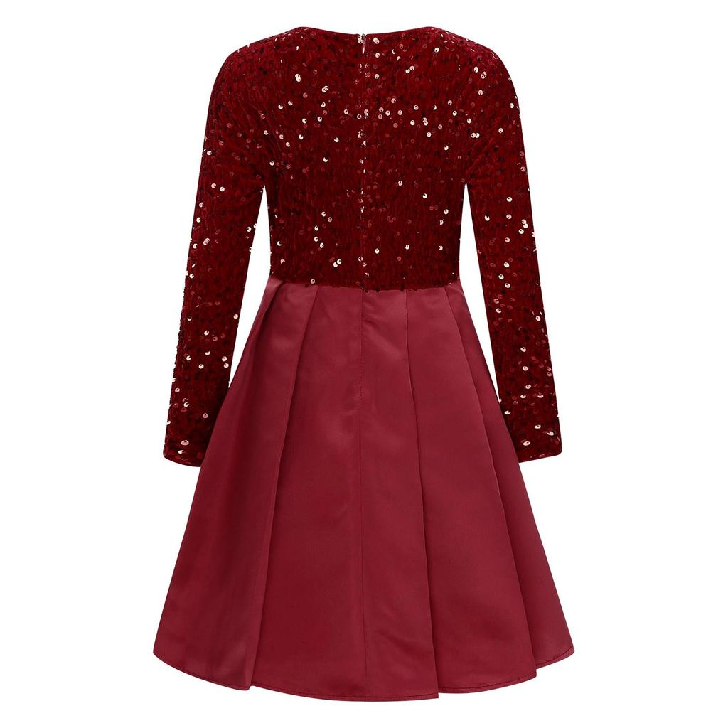 Belted Christmas Dress for Girls Knee Length Pleated Gown Glittery Sequin Round Collar Long Sleeve