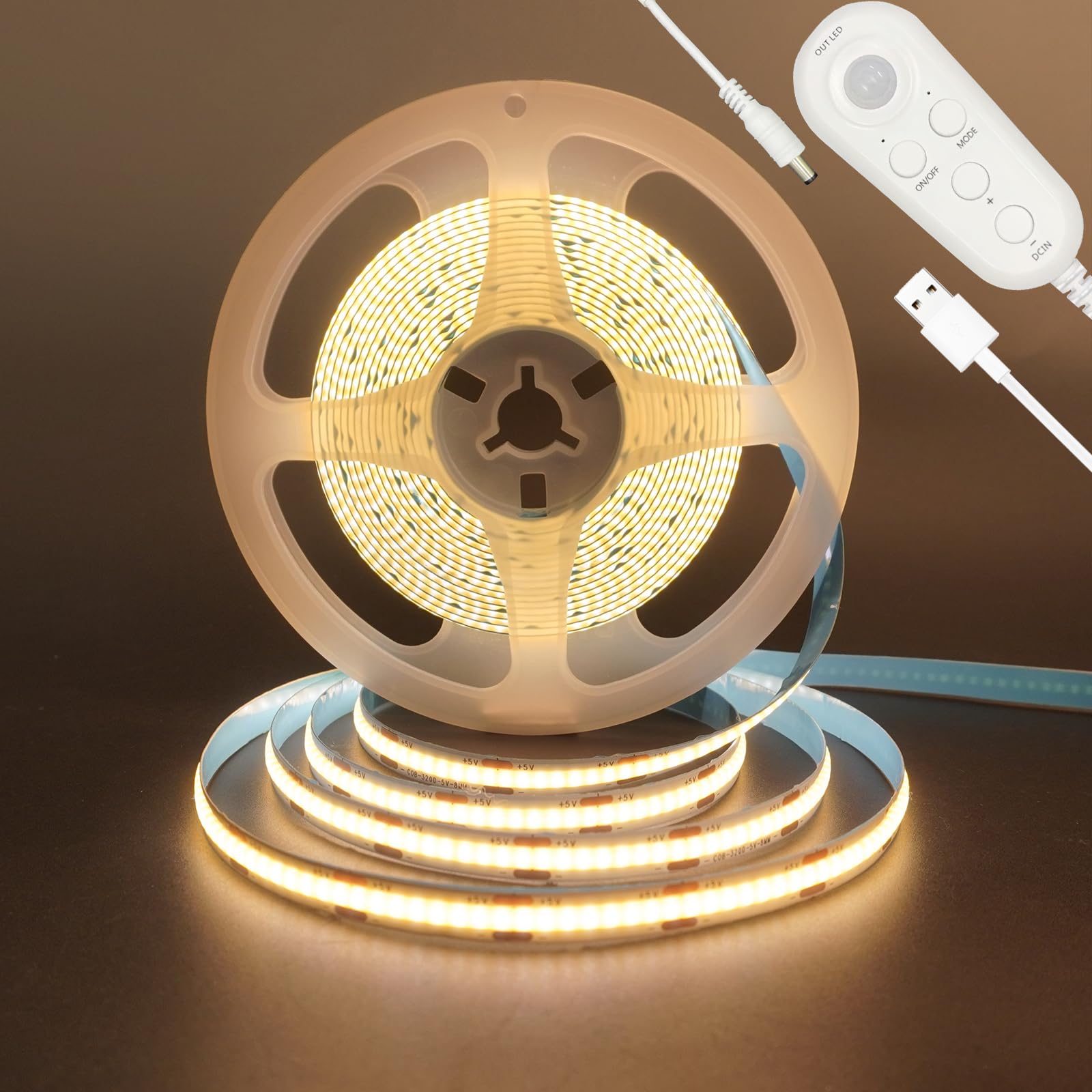 

Clearhill Motion Sensor LED Strip Light, Flexible, 5M, Warm White 3000K, Powerful, 8mm Wide, 320 LEDsM, USB Powered, Non-Waterproof, IP20 5V, for