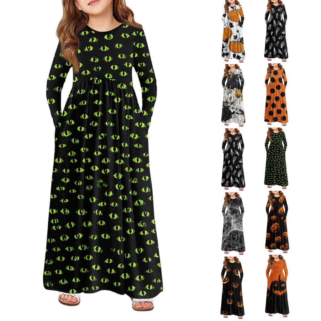 Girls' Maxi Dress Halloween Day- Long Sleeve Pocket Dress