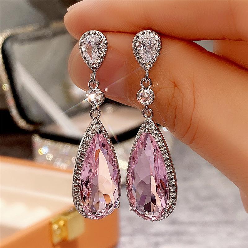 Cao Shi Pink Water Drop Zircon Earrings - Delicate 9x20mm Girly Drops Gift