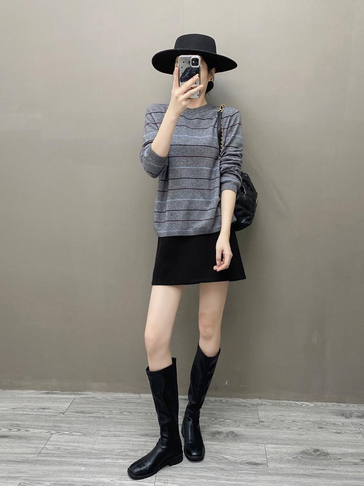 Women's Striped Cashmere Pullover, Long Sleeve Round Neck Sweater, Autumn/Winter Knitwear.