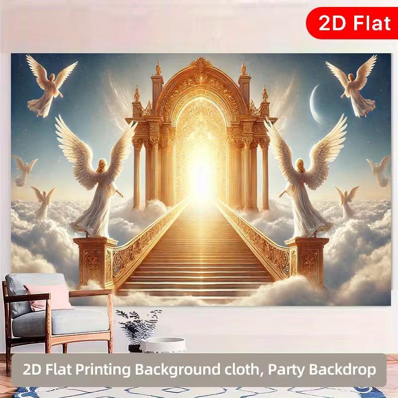 

2D Heaven s Gate Backdrop, Golden Stairway & Angels Photography Banner 47.2x31.5inch/120*80cm
