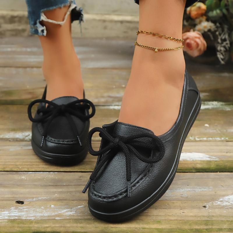 Fashion Classic Bowknot Decoration Pu Slip On Pumps Women 2025 Summer Round Toe Low Heel Loafers Shoes Elegant Soft Sole Nurse Shoes