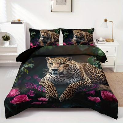 Ashion Wild Animal Leopard Rose Print Bedding Set Breathable Duvet Cover King Queen Twin Single Size Bithday Gift Room Decor