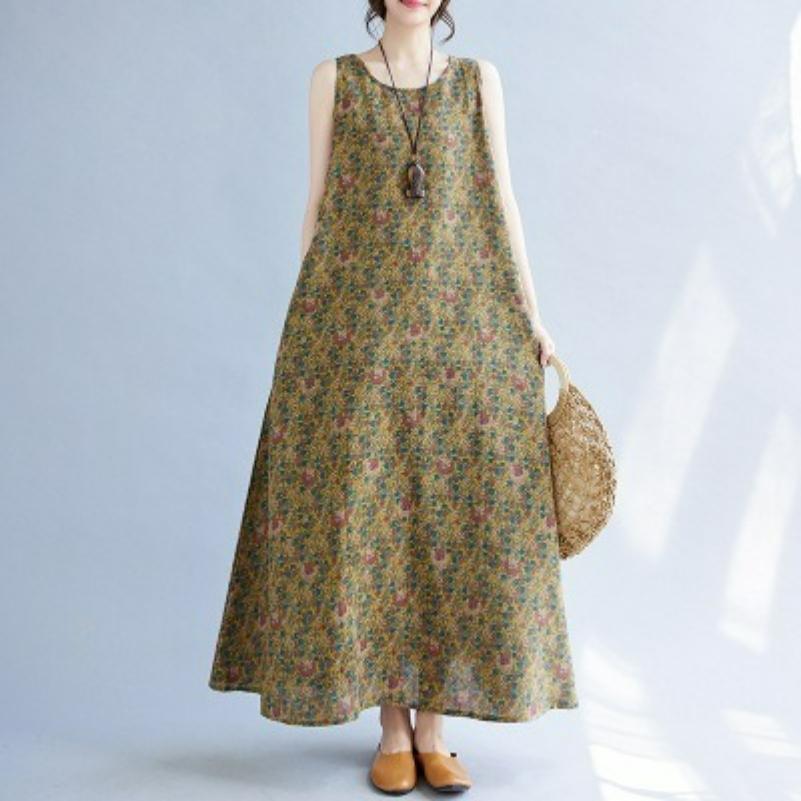 

Long Skirt Plus Size Women s Summer Retro Ethnic Style Loose Printed Sleeveless Cotton and Linen Long Pullover Vest Dress 4XL