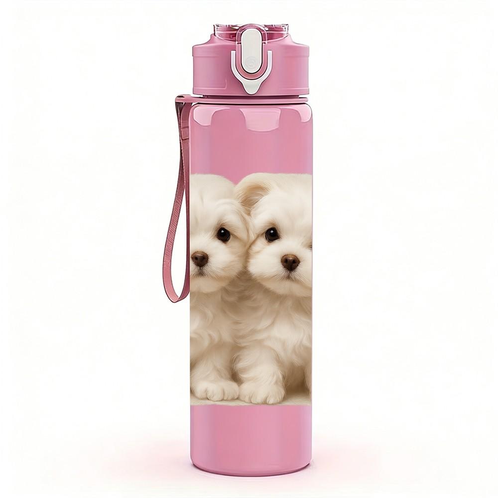 1PC Two Tiny White Puppies 750ml Color Plastic Sports Water Bottle Leakproof Flip Straw Lid Suitable for Sports Office Home Use