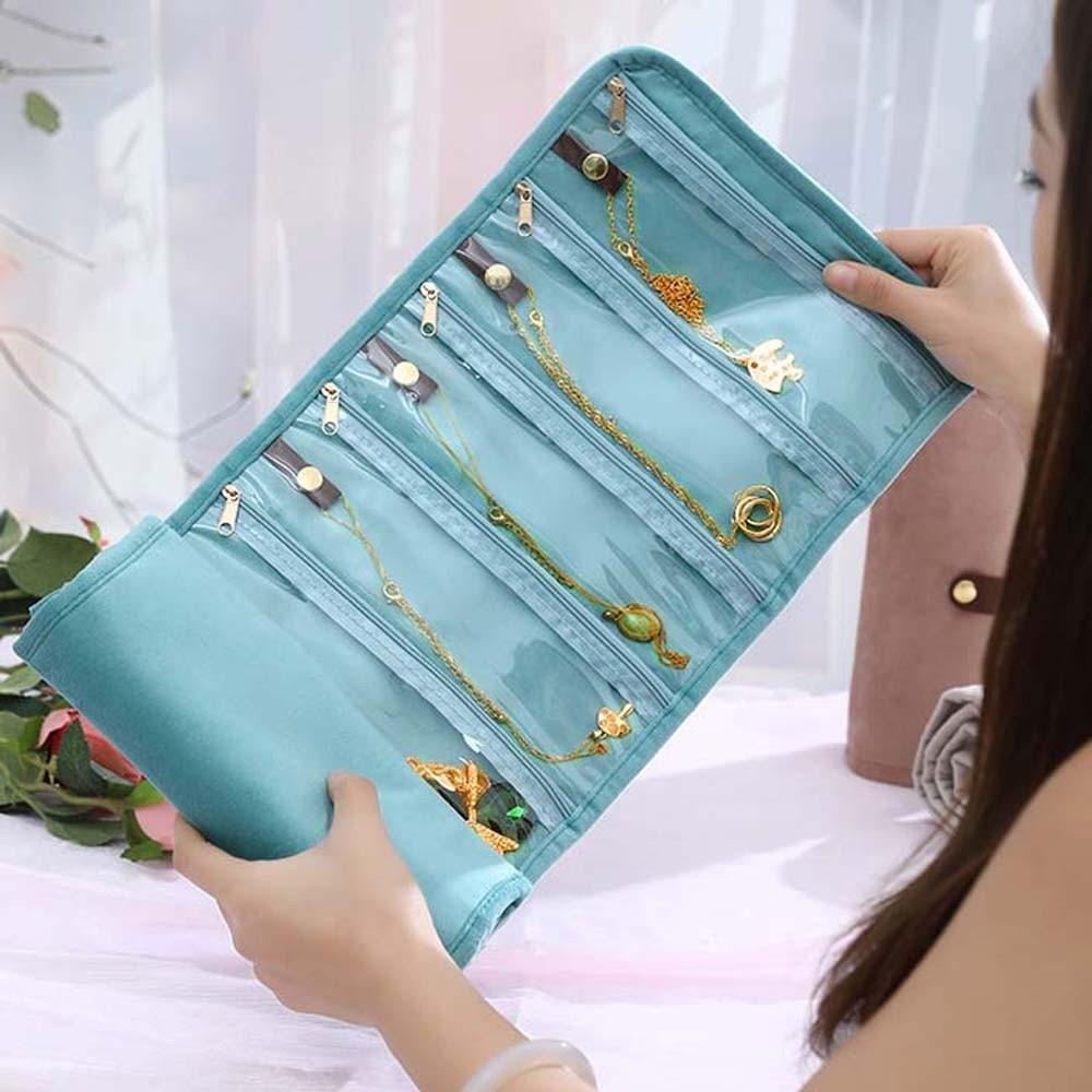 Multi-pocket Flannel Jewelry Organizer PVC Transparent Rolled Jewelry Storage Bag Anti-splash Water Anti-lost
