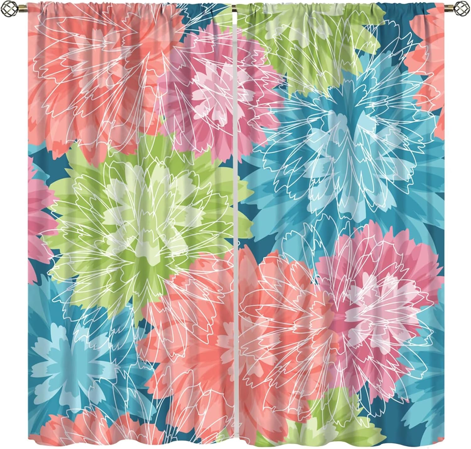 

Colorful Floral Curtains Dahlia Flower Window Treatments Living Room Bedroom Kitchen Bohemian Light Blocking Made Of Polyester Sitting Treatment W100*H130(CM)-Rod Pocket&2PCS